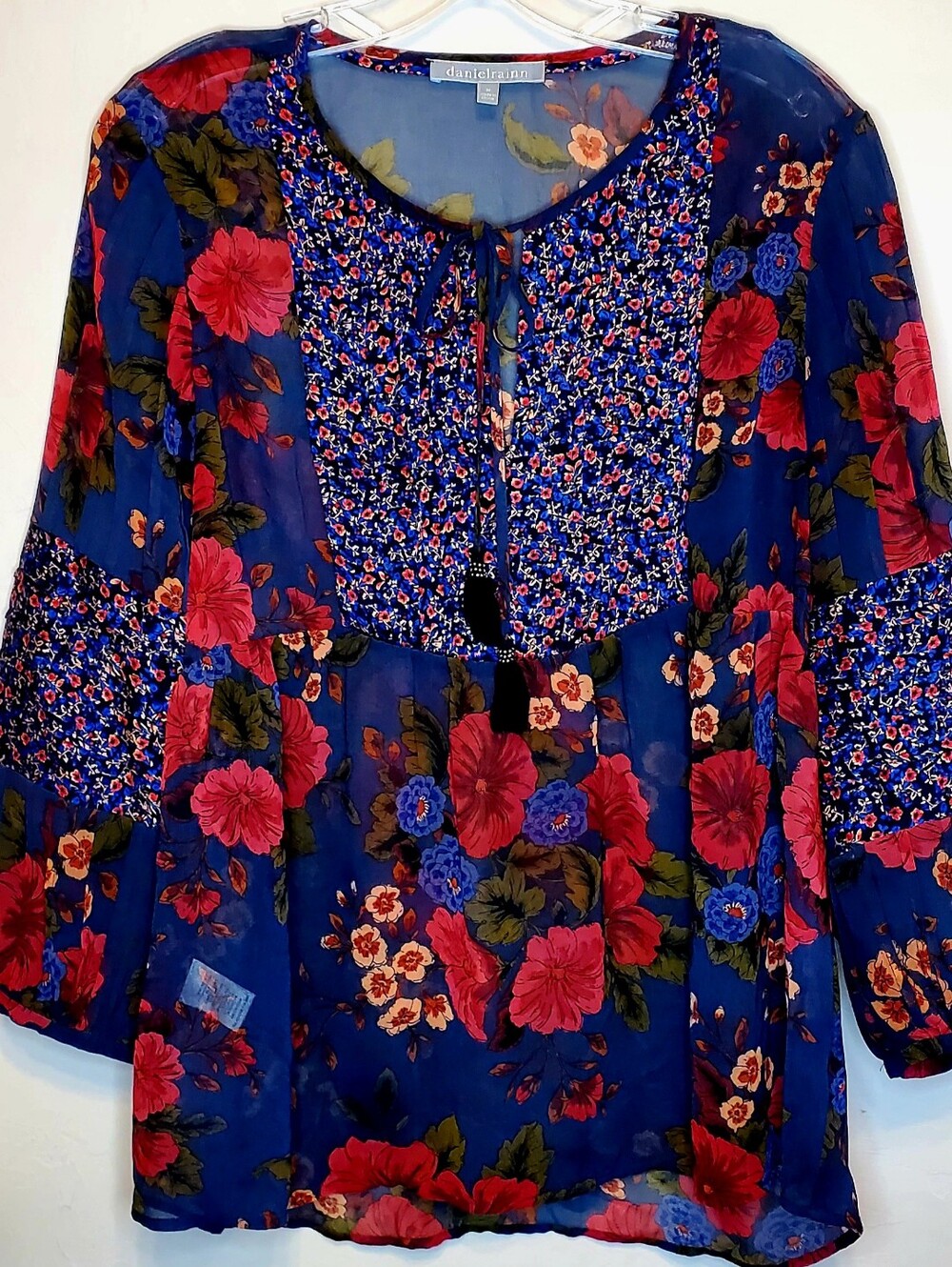 Daniel Rainn Navy Floral Peasant Blouse with Red & Pink Blooms Size M